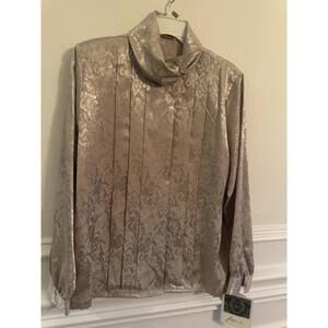 VTG SATIN SHINY GOLD HIGH NECK CUFF OFFICE BLOUSE SECRETARY GLAM NWT